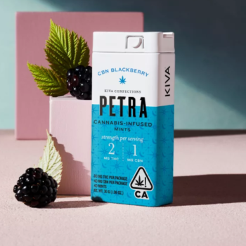 Discover the calming Kiva Blackberry CBN. Each mint combines blackberry and vanilla flavors, infused with 2mg THC and 1mg CBN for a soothing cannabis experience. Ideal for those who love Kiva edibles and Petra mints.