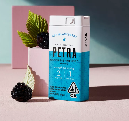 Discover the calming Kiva Blackberry CBN. Each mint combines blackberry and vanilla flavors, infused with 2mg THC and 1mg CBN for a soothing cannabis experience. Ideal for those who love Kiva edibles and Petra mints.